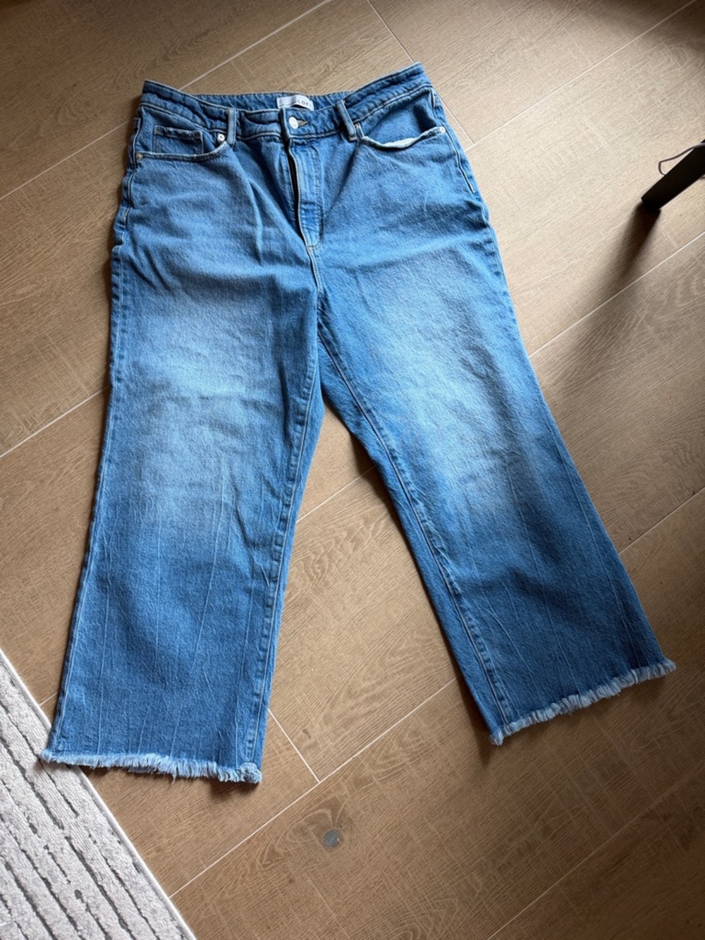LOFT Mid Blue Wide-Leg Frayed-Hem Jeans
